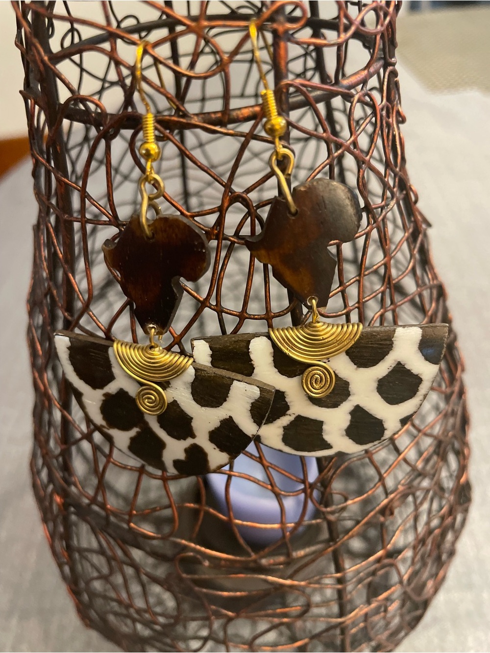 Elegant Handmade Bold Black & White Giraffe Print Drop Earrings with Brass/Bone
